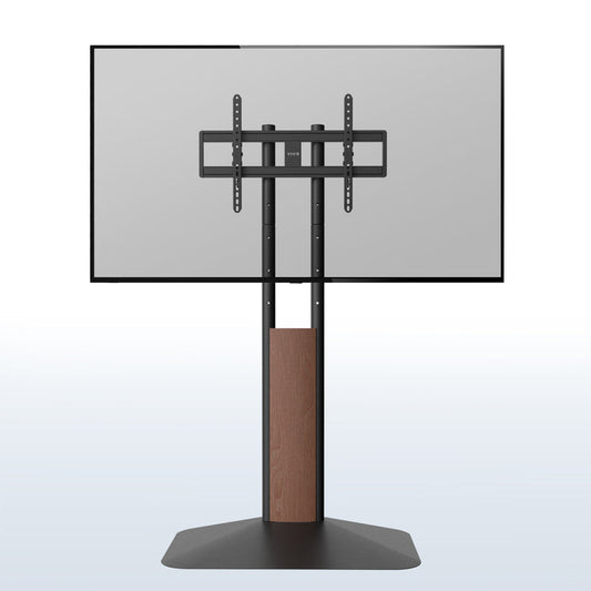 A black freestanding TV stand with a brown wooden accent.