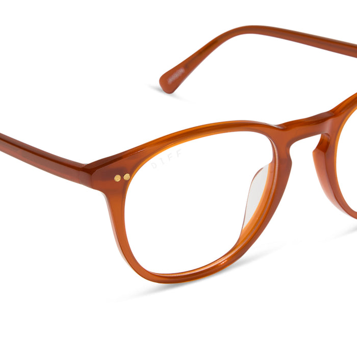 diff eyewear featuring the jaxson square prescription glasses with a burnt ochre frame and prescription lenses detailed view