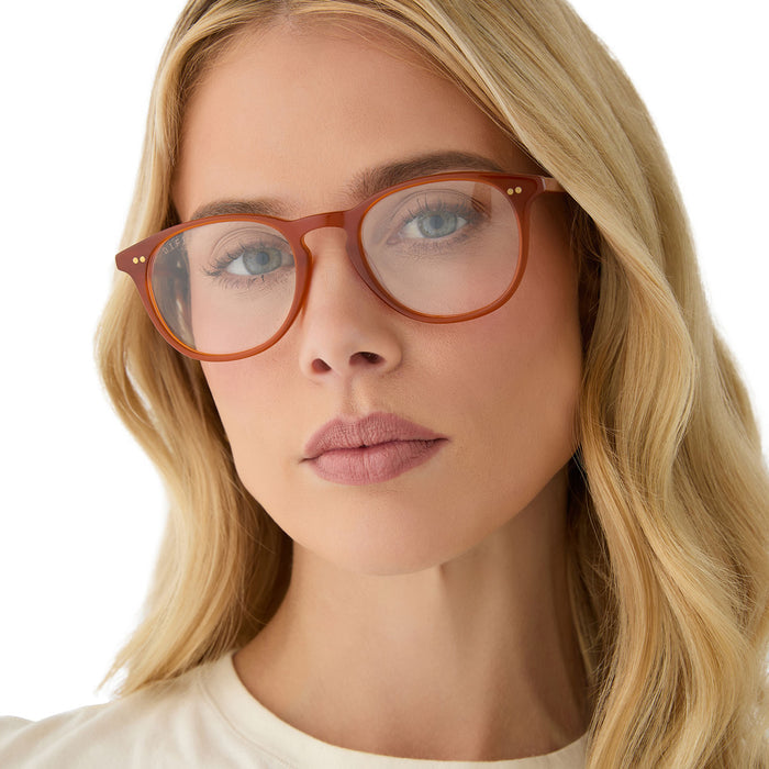 on model - female wearing diff eyewear featuring the jaxson square prescription glasses with a burnt ochre orange frame and prescription lenses front view