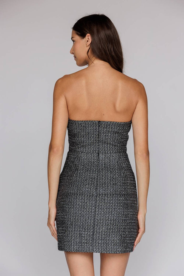 JD7868 - STRAPLESS MINI DRESS WITH VELVET BOWS: BLACK/ SILVER