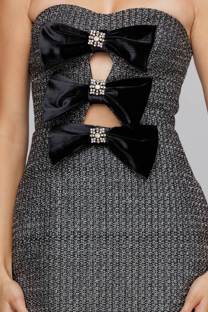 JD7868 - STRAPLESS MINI DRESS WITH VELVET BOWS: BLACK/ SILVER