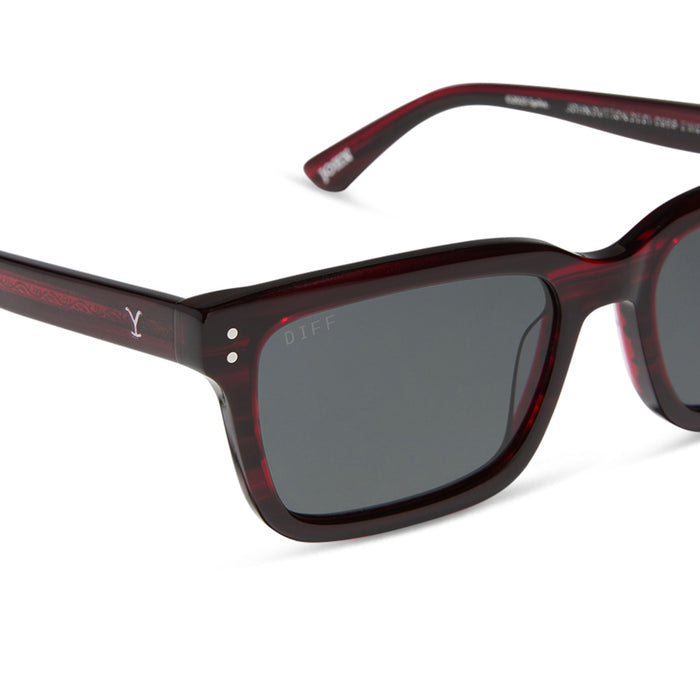 yellowstone x diff eyewear john dutton rectangular sunglasses with a redwood frame and grey polarized lenses detailed view