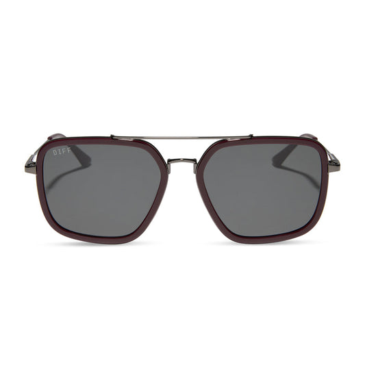 diff eyewear featuring the jordan navigator sunglasses with a dark cherry lacquer frame and grey gradient polarized lenses front view
