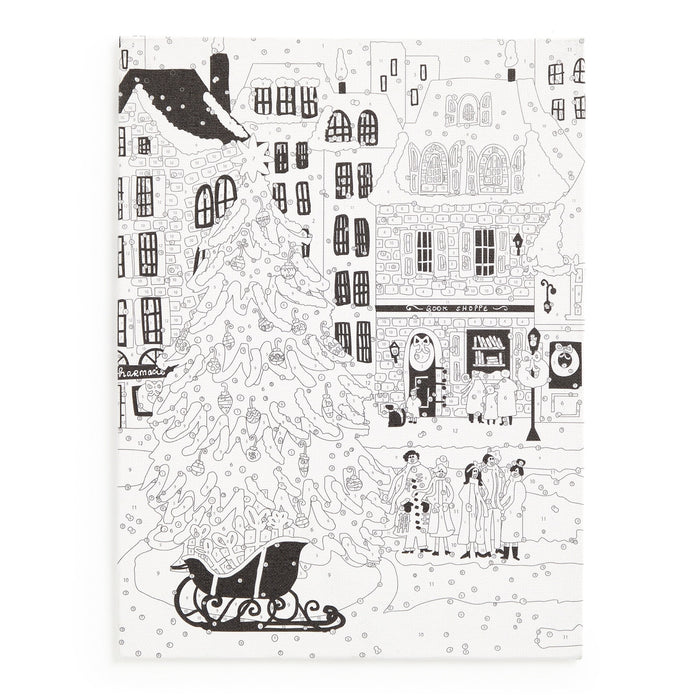 A black-and-white illustration of a snowy town square with shops, festive decor, a Christmas tree, and four people features in the Joy Laforme Christmas Square 9 x 12 Paint by Number Kit by Joy Laforme.