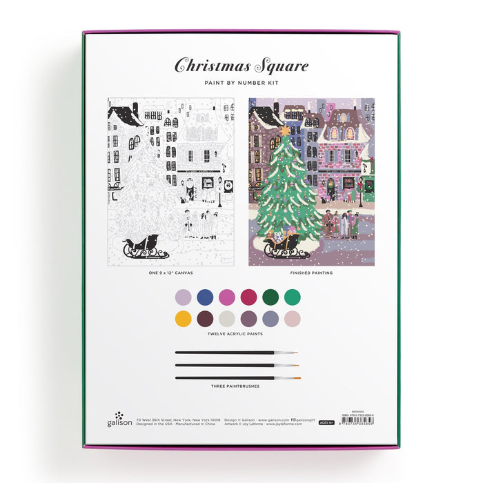 The back of the Joy Laforme Christmas Square 9 x 12 Paint by Number Kit box shows a black-and-white outline and the finished festive scene—ideal for festive holiday decor from renowned artist Joy Laforme.