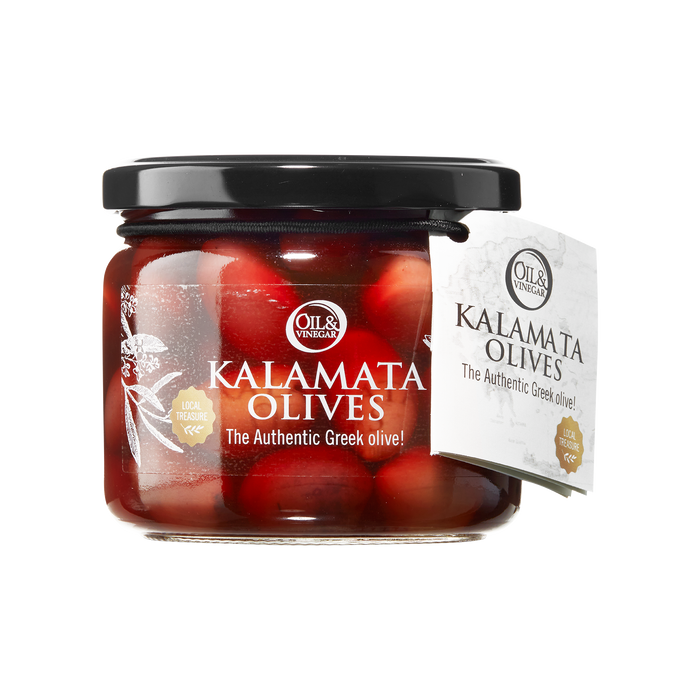 Jar of Kalamata olives with a visible label