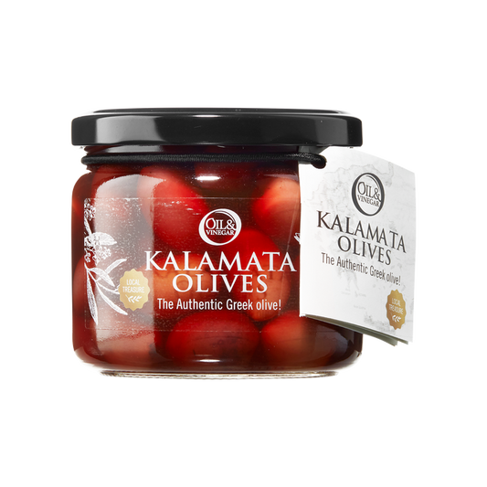 Jar of Kalamata olives with a visible label