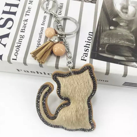 ✨ KeyChain / Bag Charm: Cat ~ Fuzzy/Sparkley ~ Beige