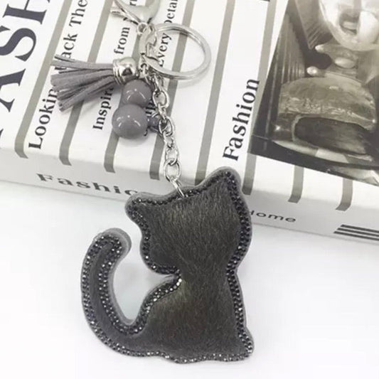 ✨ KeyChain / Bag Charm: Cat ~ Fuzzy/Sparkley ~ Gray 🐱