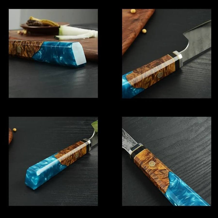 Collage of a knife with a unique handle design on a dark surface.