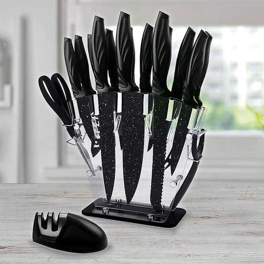 Kitchen 17 Pc Knife Set w/ Block & Sharpener Chef Bread Steak Knives -Home Living Store - -