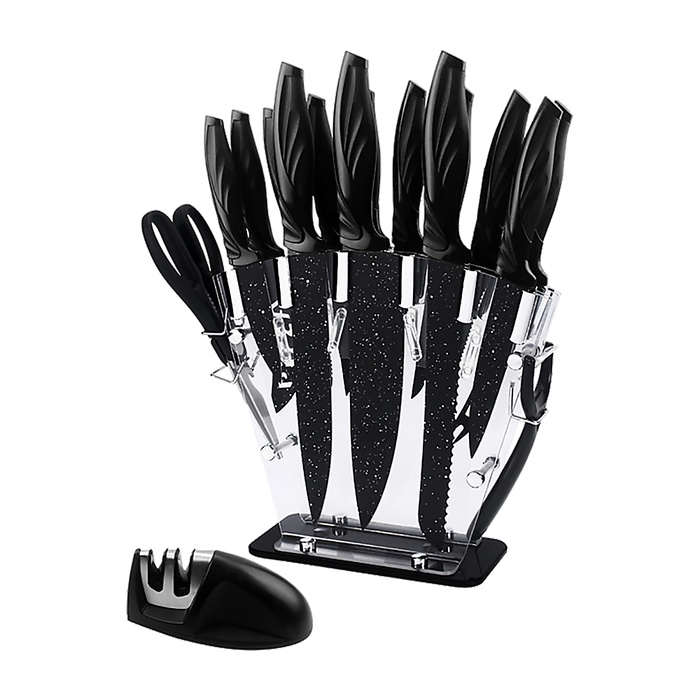 Kitchen 17 Pc Knife Set w/ Block & Sharpener Chef Bread Steak Knives -Home Living Store - -
