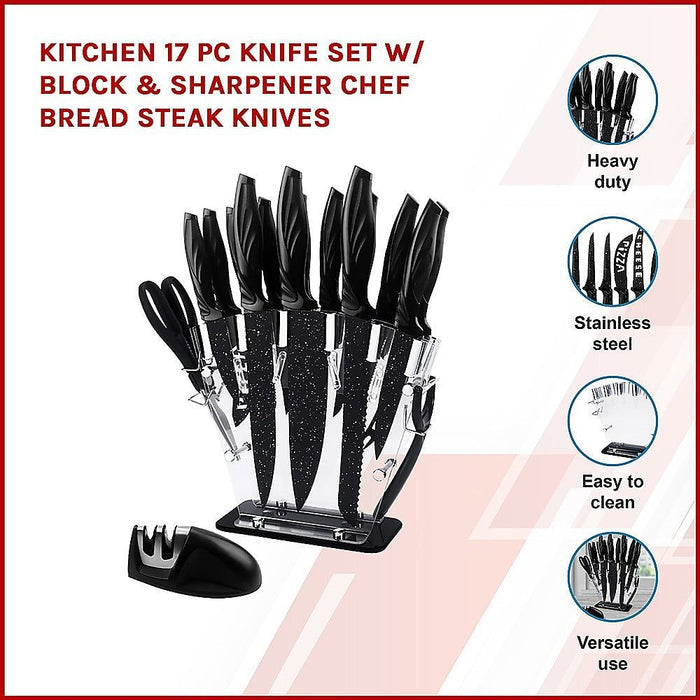 Kitchen 17 Pc Knife Set w/ Block & Sharpener Chef Bread Steak Knives -Home Living Store - -