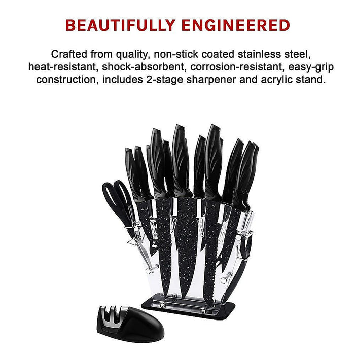 Kitchen 17 Pc Knife Set w/ Block & Sharpener Chef Bread Steak Knives -Home Living Store - -