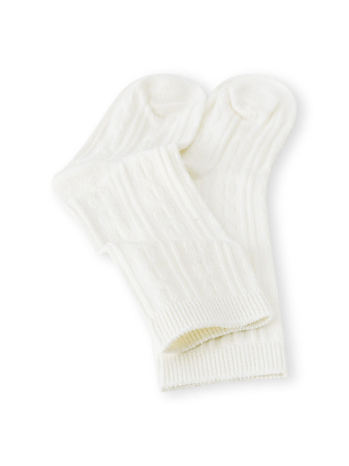 Knee high socks in cloud laying flat on a white background.