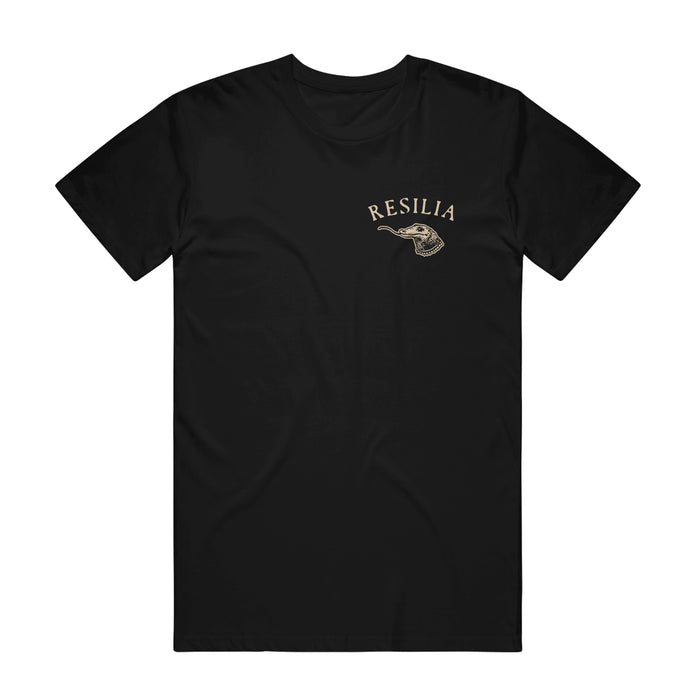 Resilia black t-shirt with a small beige fish graphic and bold "RESILIA" text on the left chest.