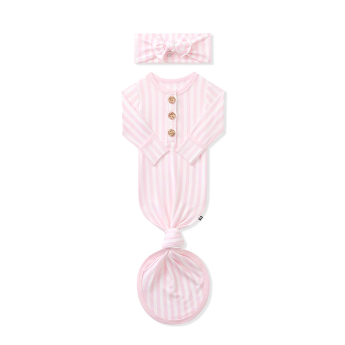 Knotted Gown with Bow Set in Small Sakura Stripe shown with the arms folded in laying on a white background