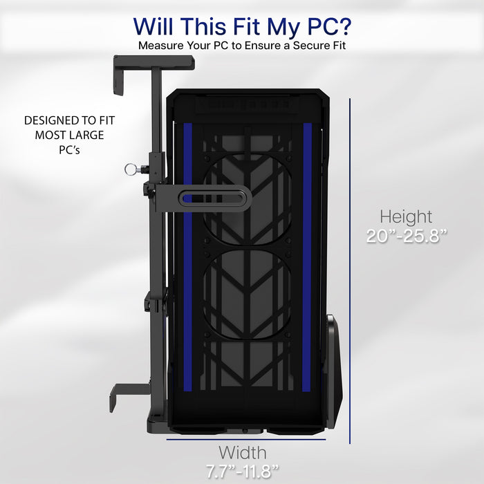 Measurement guide for a computer case with dimensions displayed on a white background