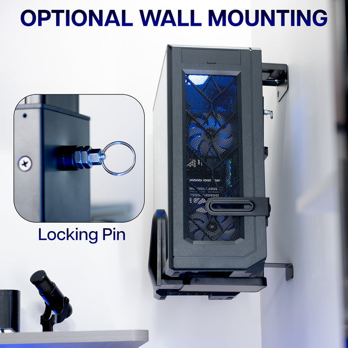 Computer PC Under-Desk Mount with wall mounting feature and locking pin illustration on a white background