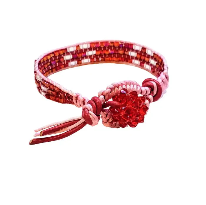 Leather Silk Bead Woven Crystal Button Bracelet featuring red leather, pink silk, and sparkling Swarovski crystals.