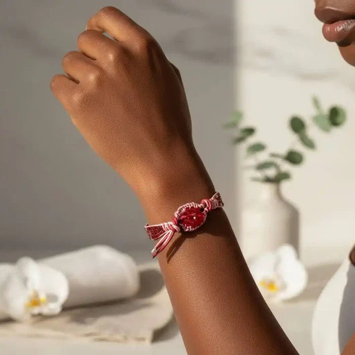 Leather Silk Bead Woven Crystal Button Bracelet worn on wrist, showcasing red leather and pink silk with sparkling crystals.