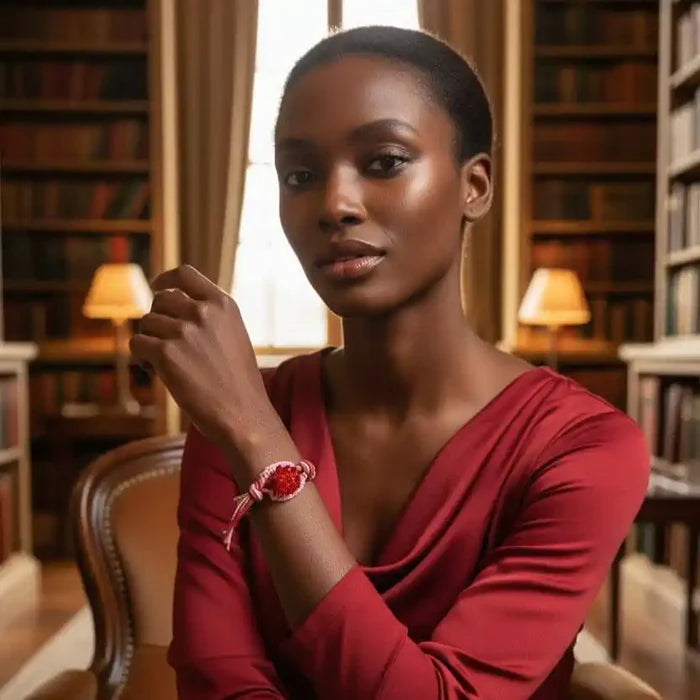 Leather Silk Bead Woven Crystal Button Bracelet worn by a model, showcasing rich red leather and pink silk in an elegant setting.