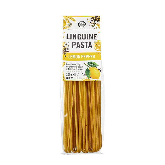 Packaged linguine pasta with lemon pepper flavor on a white background