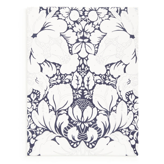 The Liberty London 9 x 12 Paint by Number Kit Glastonbury features a detailed black and white floral design with symmetrical, stylized flowers and leaves, inspired by classic Glastonbury patterns for a decorative, premium look.