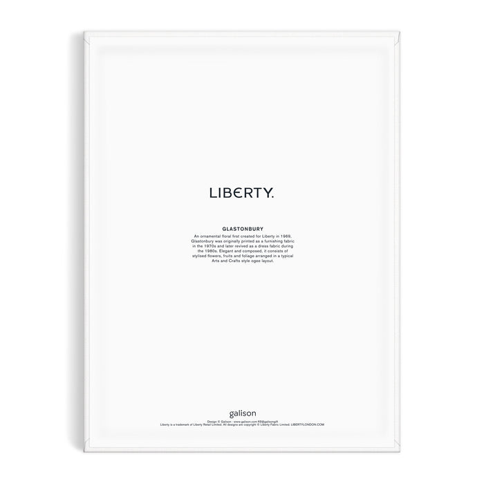 A white poster featuring “LIBERTY.” in bold black letters, a Glastonbury design description beneath, and the Liberty London logo at the bottom. Inspired by Liberty 9 x 12 Paint by Number Kit Glastonbury.