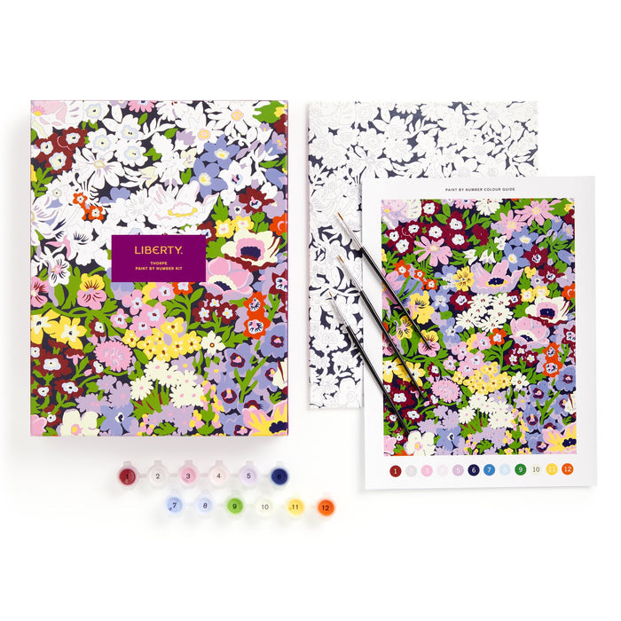 The Liberty London 9 x 12 Paint by Number Kit Thorpe features a colorful pattern reference, a partially painted canvas, two paintbrushes, and twelve numbered paint pots neatly arranged in a row.