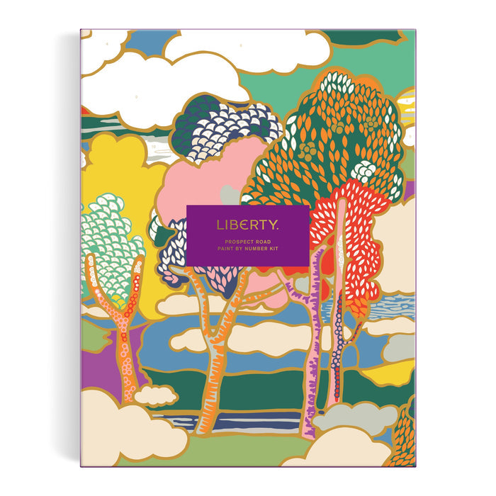 The Liberty London Liberty Prospect Road 9 x 12 Paint by Number Kit box features an abstract landscape with vibrant trees, clouds, and fields, and a central purple label.