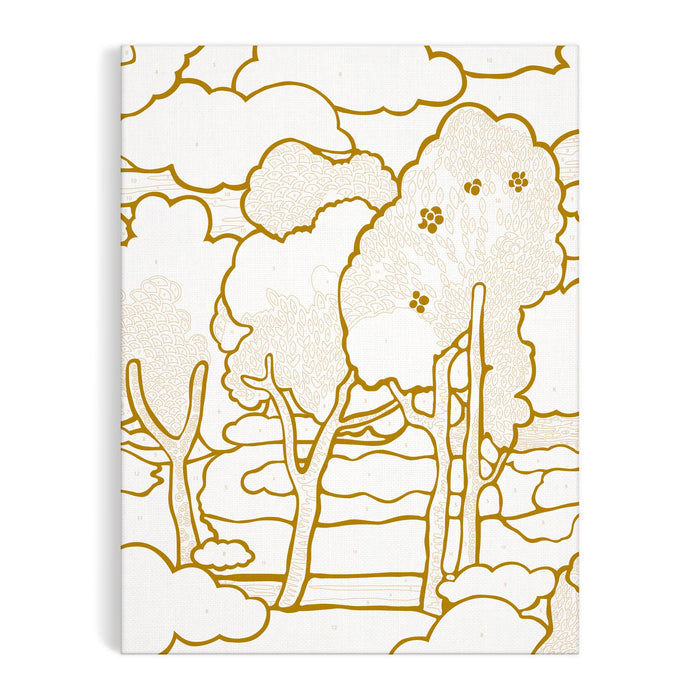 The Liberty Prospect Road 9 x 12 Paint by Number Kit by Liberty London features an abstract line drawing of stylized trees, clouds, and hills in golden yellow on white, evoking liberty and perfect for creative painting.