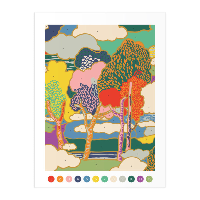 The Liberty London Prospect Road 9 x 12 Paint by Number Kit features abstract, whimsical trees and clouds in vibrant hues, with a numbered color key at the bottom of this Liberty-inspired artwork.