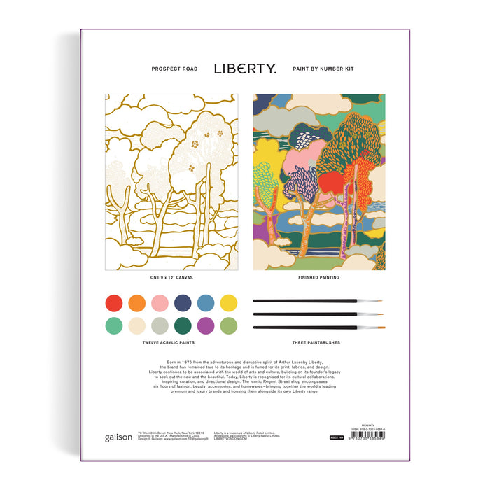 The image shows the back of the Liberty London Liberty Prospect Road 9 x 12 Paint by Number Kit, featuring an outlined canvas, a sample scene with colorful trees and clouds, twelve paint colors, three brushes, and a product description.