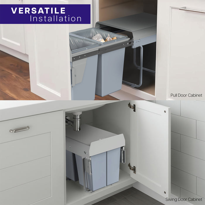 An under-counter dual trash can system with silver containers and a beige lid showing versatile installation.
