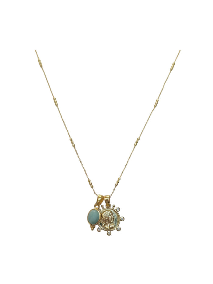 Unique Larimar and roman coin necklace for layering necklaces Lilith Necklace
