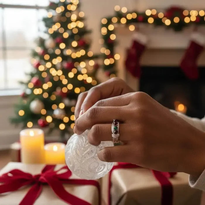 Hand wearing a Limited edition 2026 silver wire wrapped Christmas ring while holding a glass ornament, with a festive backdrop.