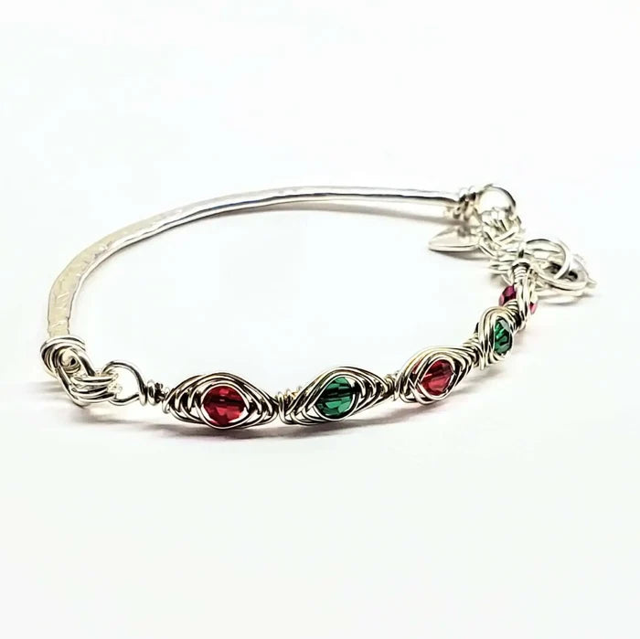 Limited Edition Red Green Christmas Holiday Tube Bracelet showcasing intricate wirework and Swarovski crystals.