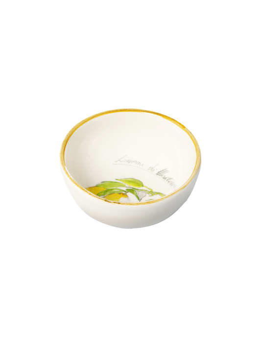 White bowl with gold rim and green leaf design
