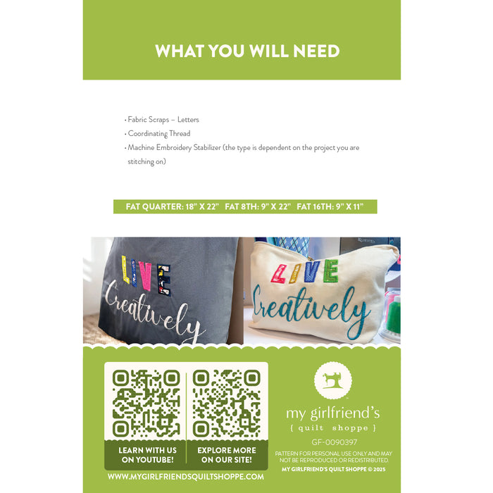 LIVE Creatively (Downloadable Machine Embroidery Design)