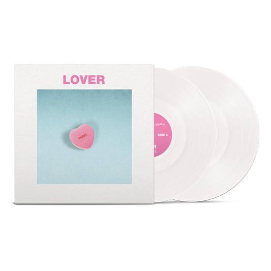 The Sound Of Animals Fighting’s Lover The Lord Has Left Us is a vinyl set with two opaque white discs. The cover shows a pink candy heart reading “Lover” on a blue background, white border, and the title in pink uppercase at the top.