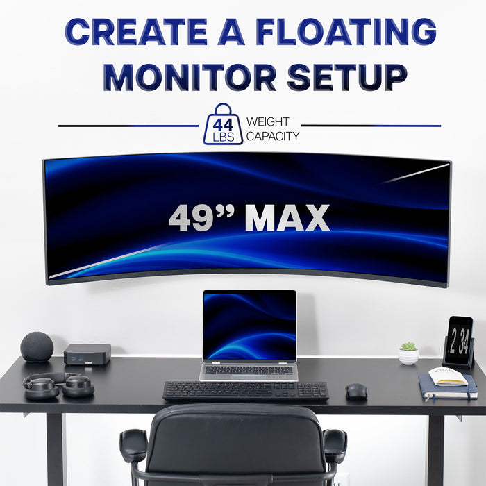 49-inch monitor setup on a desk with laptop and accessories, text 'Create a Floating Monitor Setup' and '44 lbs weight capacity'.