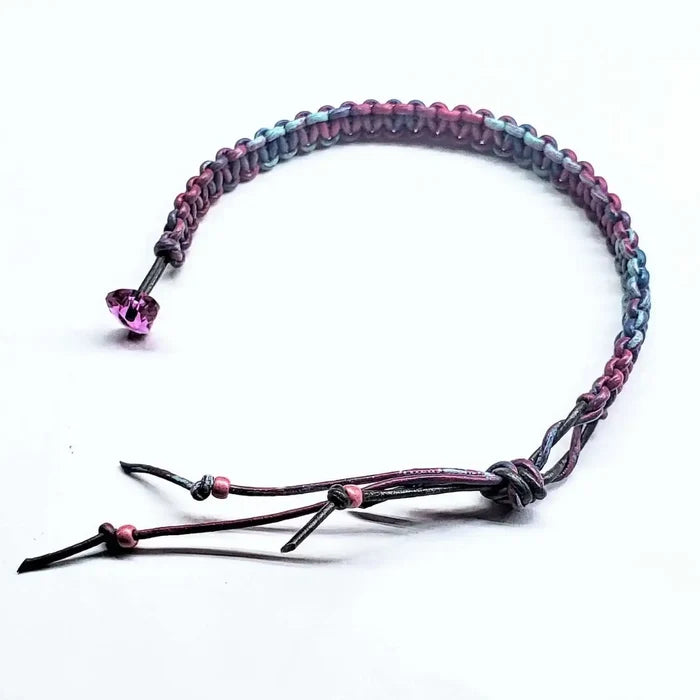 Macrame tie-dye leather Crystal bracelet featuring vibrant colors and a sparkling crystal detail.