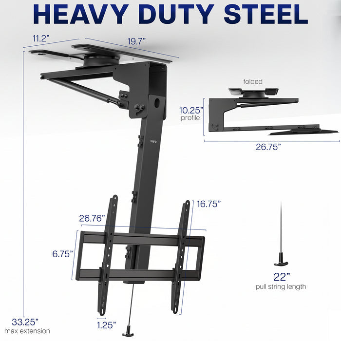 Heavy-duty steel Manual Flip Down TV Ceiling Mount with dimensions on a white background