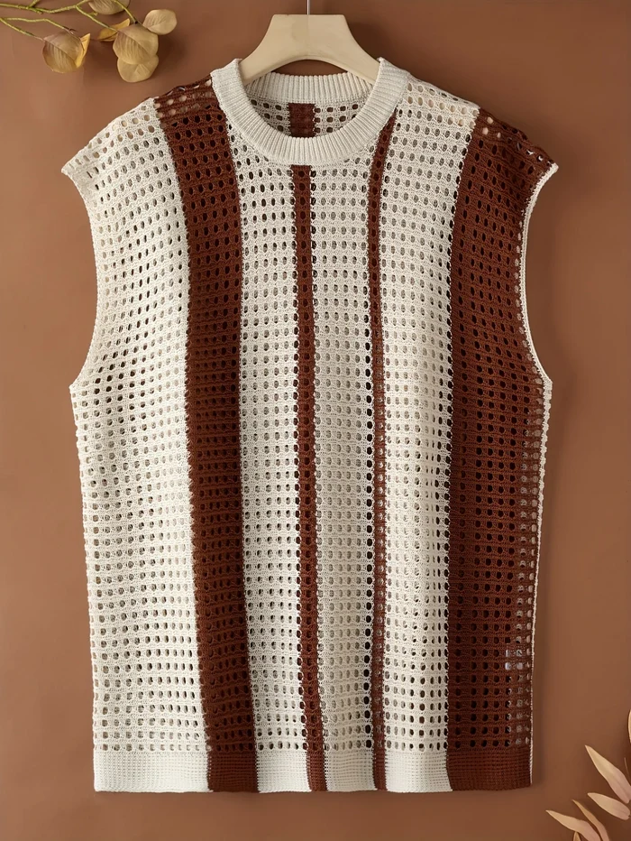 Men Hollow Out Striped Knit Vest Loose Fit