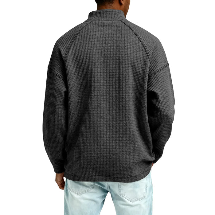 Men Waffle Knit Quarter Zip Pullover Loose Fit Casual Top