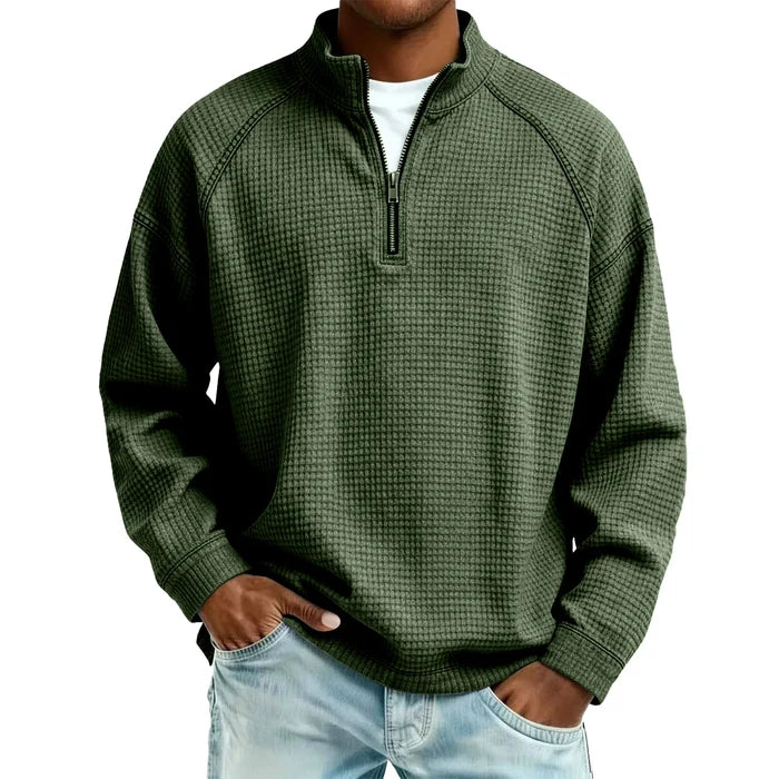 Men Waffle Knit Quarter Zip Pullover Loose Fit Casual Top