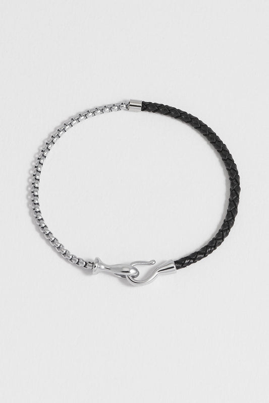 Men's Black Leather and Chain Hook Bracelet