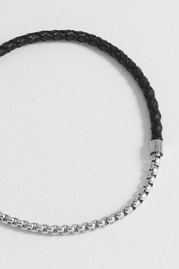 Men's Black Leather and Chain Hook Bracelet