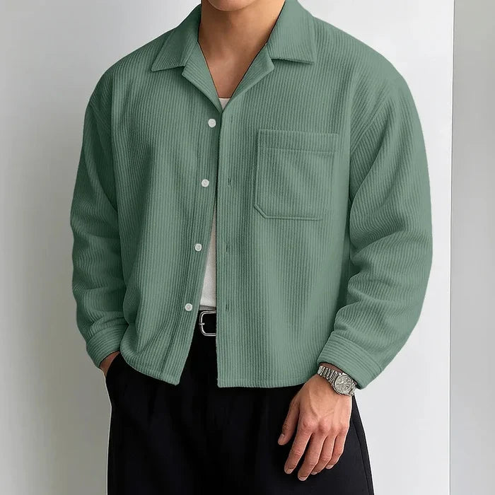 Men's Corduroy Cropped Long Sleeve Shirt Casual Loose Fit